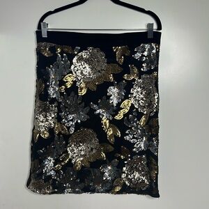 Design Recipe Sz L Black Gold Beaded Lined Side Zip 22.5” Pencil Skirt